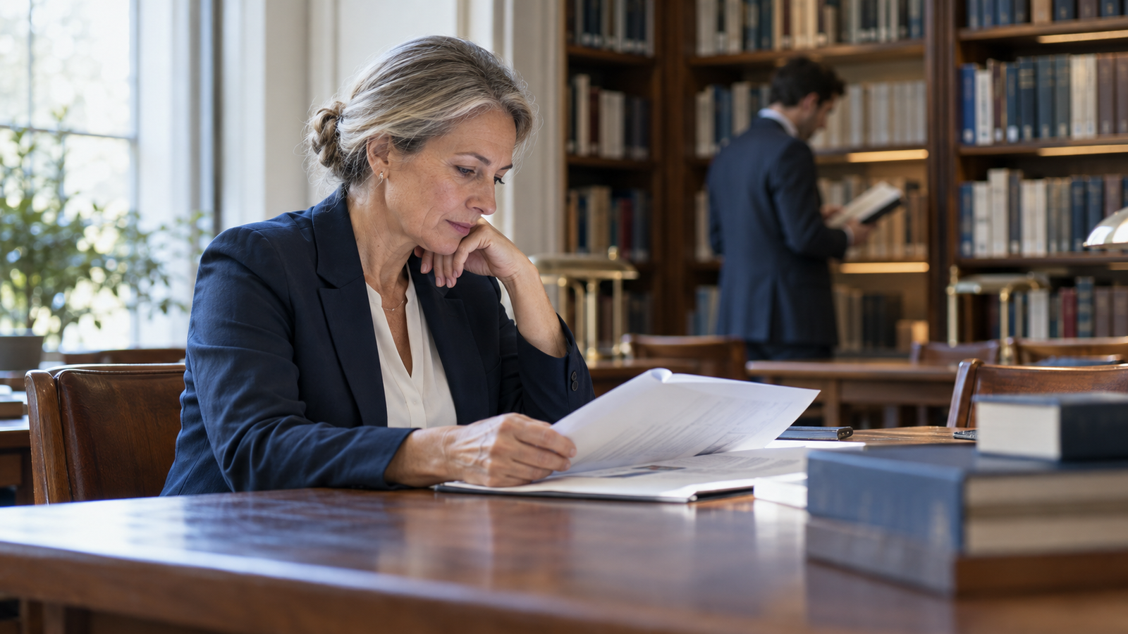 Researcher reading in a financial reference library
